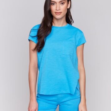 Charlie B Charlie B C1399 Cap Sleeve Crew Neck T-Shirt with Chest Pocket and Front Slit