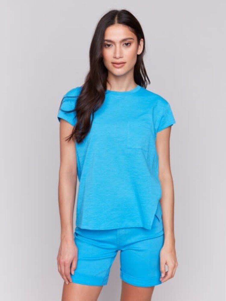 Charlie B Charlie B C1399 Cap Sleeve Crew Neck T-Shirt with Chest Pocket and Front Slit