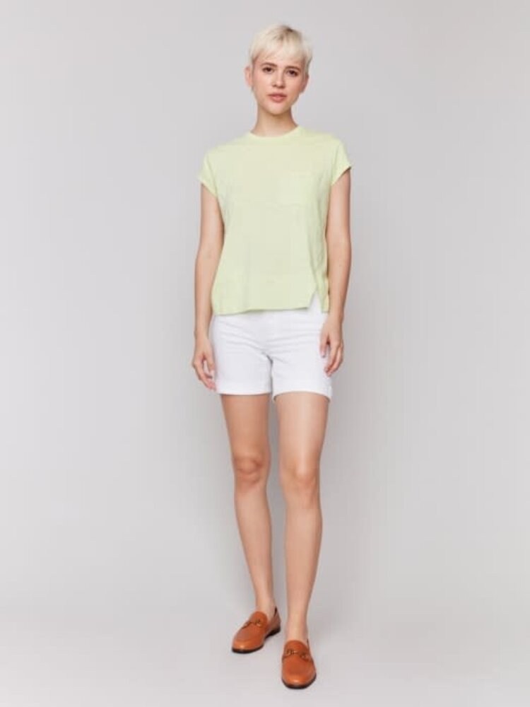 Charlie B Charlie B C1399 Cap Sleeve Crew Neck T-Shirt with Chest Pocket and Front Slit