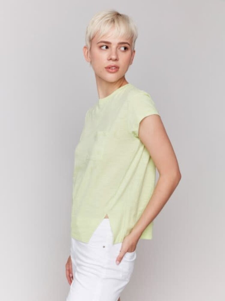 Charlie B Charlie B C1399 Cap Sleeve Crew Neck T-Shirt with Chest Pocket and Front Slit