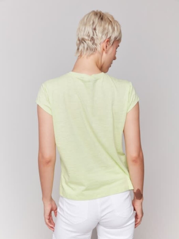 Charlie B Charlie B C1399 Cap Sleeve Crew Neck T-Shirt with Chest Pocket and Front Slit