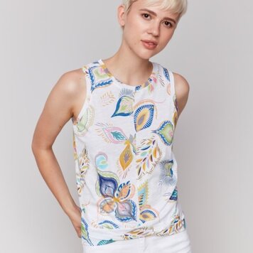 Charlie B Charlie B C1365H Printed Crew Neck with Twisted Hem Front Tank