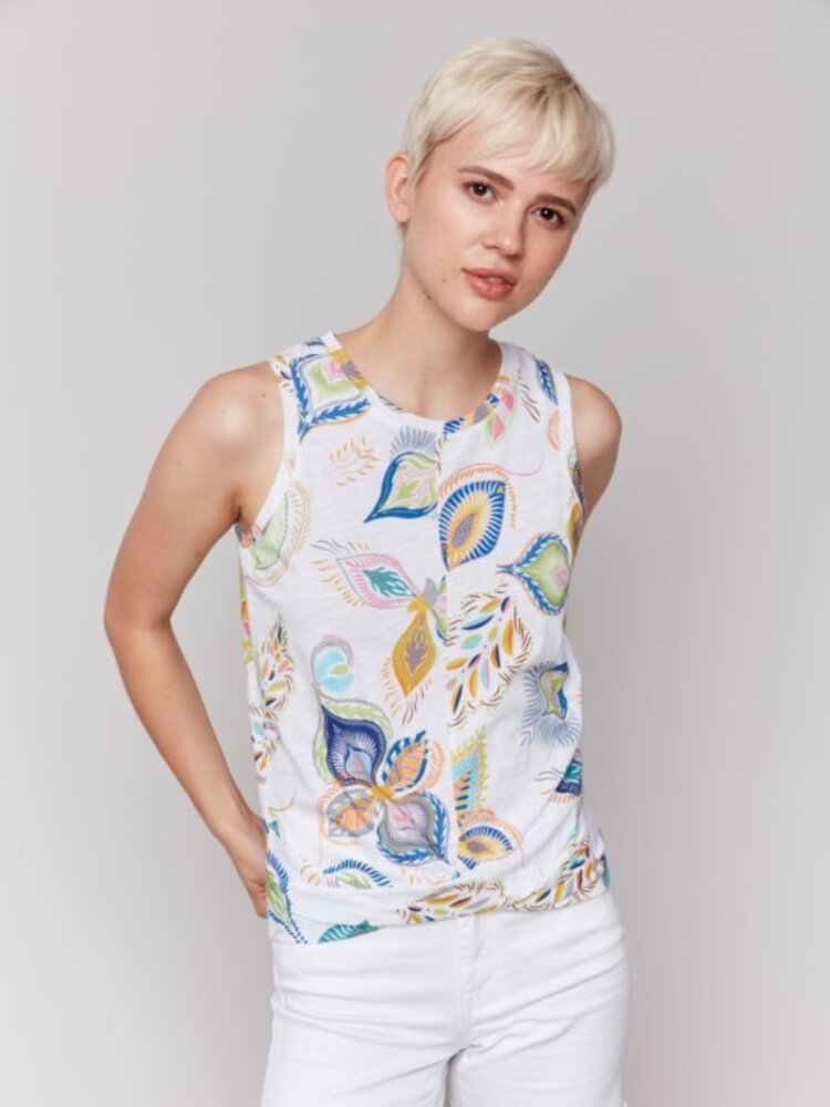 Charlie B Charlie B C1365H Printed Crew Neck with Twisted Hem Front Tank