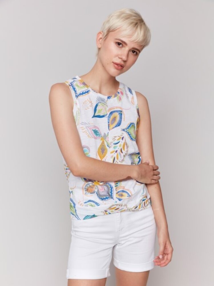 Charlie B Charlie B C1365H Printed Crew Neck with Twisted Hem Front Tank