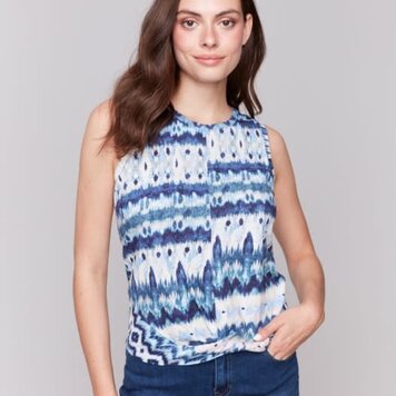 Charlie B Charlie B C1365Q Printed Crew Neck Twisted Hem at Front Tank