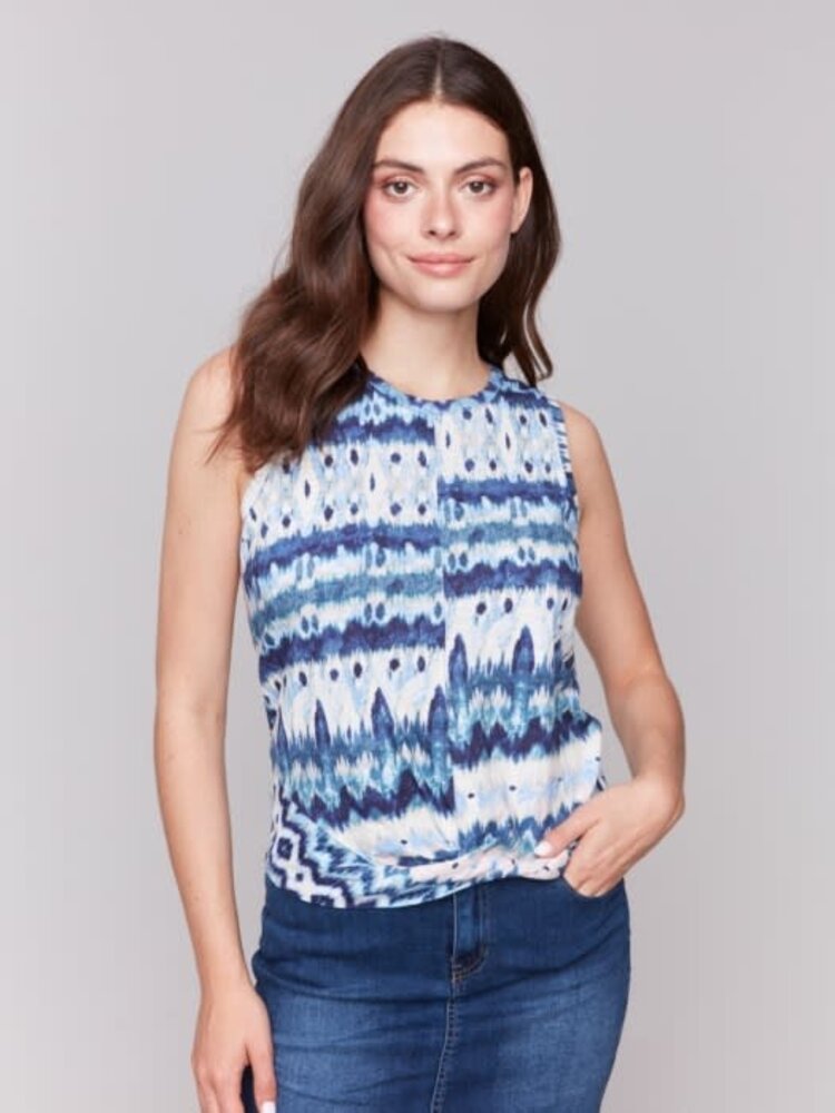 Charlie B Charlie B C1365Q Printed Crew Neck Twisted Hem at Front Tank