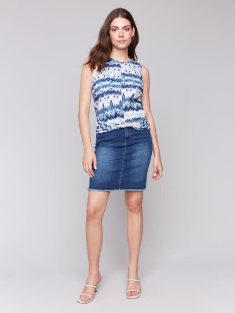 Charlie B Charlie B C1365Q Printed Crew Neck Twisted Hem at Front Tank