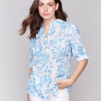 Charlie B Charlie B C4605D Button Front Printed Top with Roll Up Sleeves