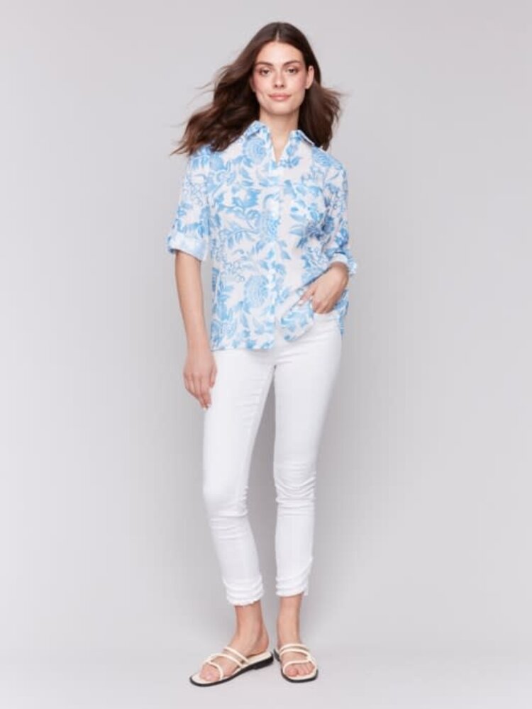 Charlie B Charlie B C4605D Button Front Printed Top with Roll Up Sleeves