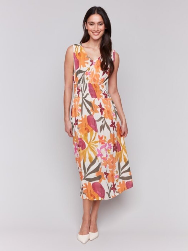 Charlie B Charlie B Printed Sleeveless V Neck Dress W/ Ruched Empire Waist C3191D
