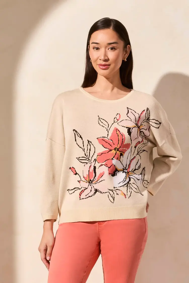 Tribal Tribal 2123O Floral 3/4 Sleeve Crew Neck Sweater