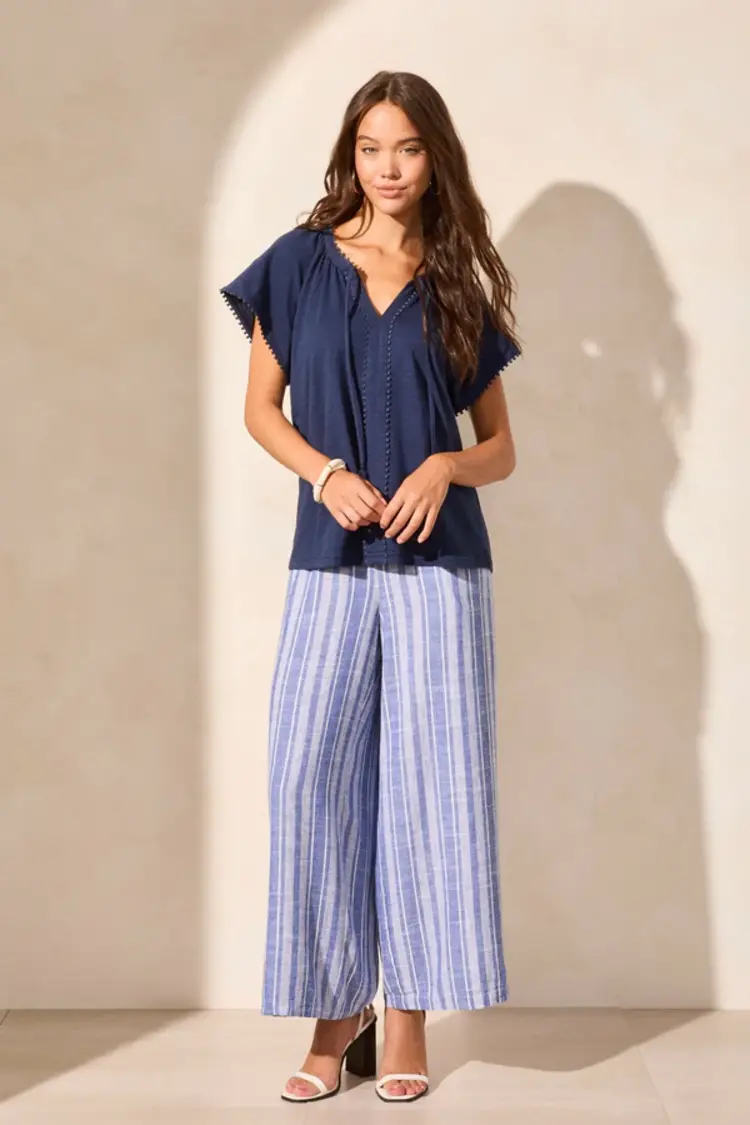 Tribal Tribal 2192O Short Sleeve Split Neck Top w/ Tassel