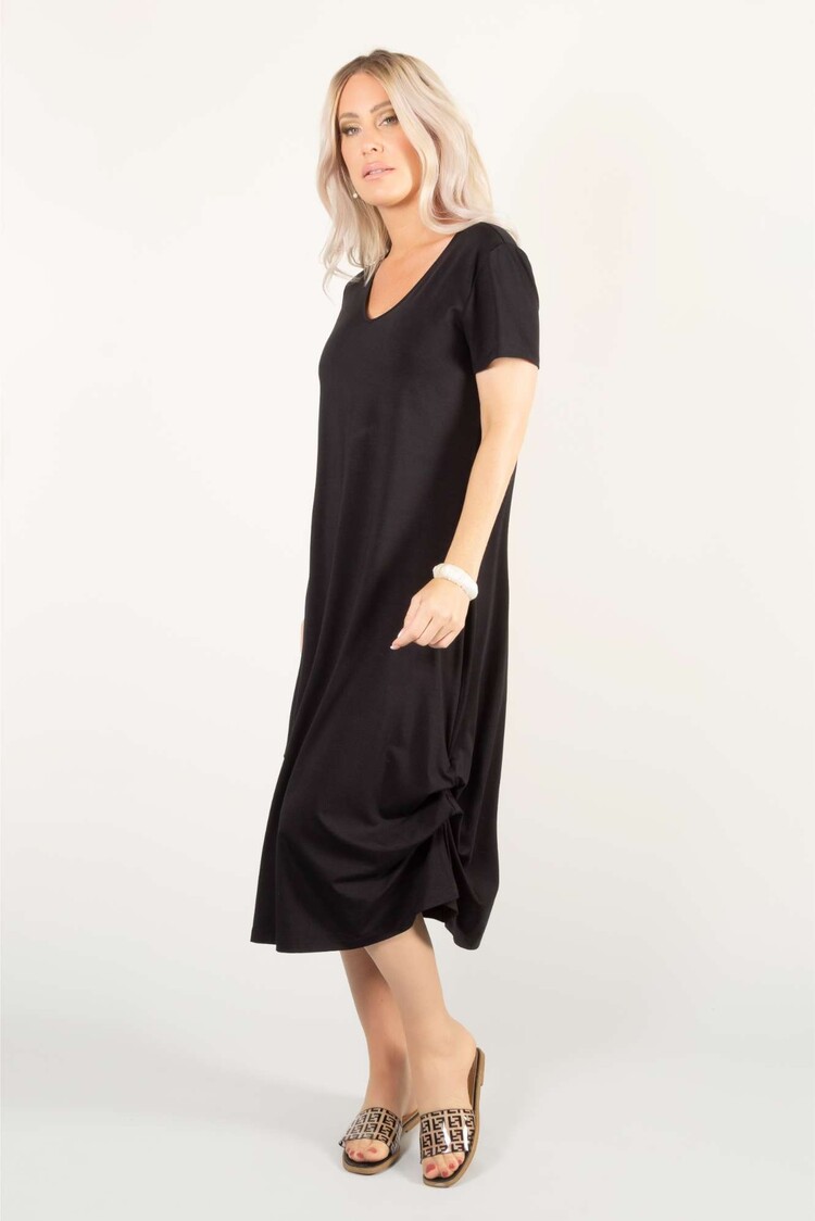 Pure Essence Pure Essence 210-5018 Bamboo V Neck Short Sleeve Dress With Side Bustles