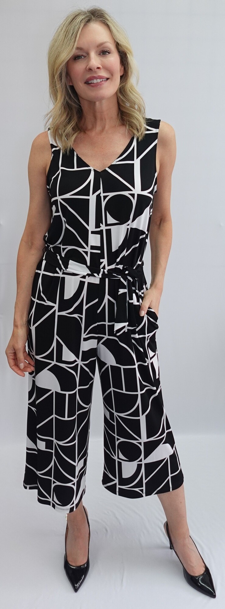 Soft Works Soft Works Sleeveless V Neck Jumpsuit with Fabric Belt and Pockets