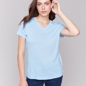 Charlie B Charlie B Short Sleeve V Neck Linen T Shirt W/ Neckline Detail C1231