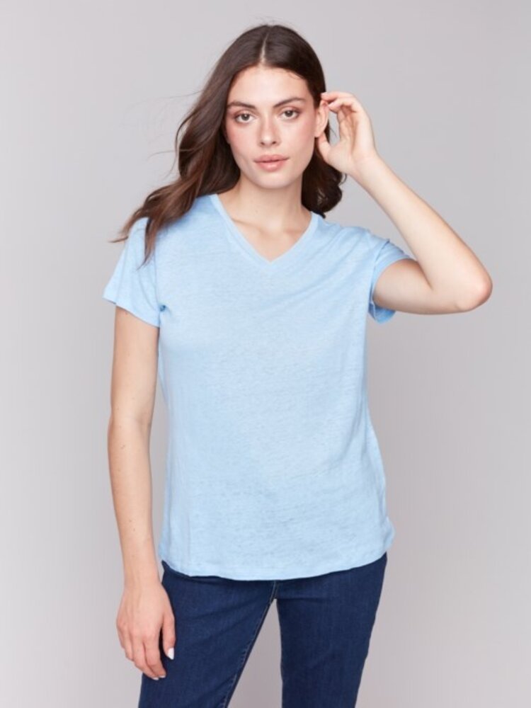 Charlie B Charlie B Short Sleeve V Neck Linen T Shirt W/ Neckline Detail C1231