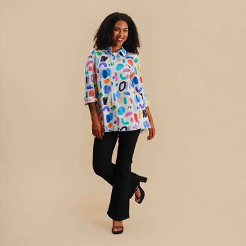 Funsport Funsport Pop Art Button Front Blouse with Roll Tab Sleeves 251C02