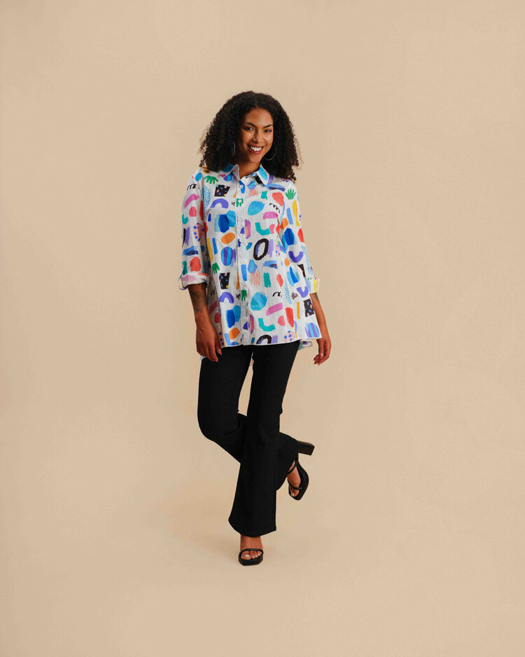 Funsport Funsport Pop Art Button Front Blouse with Roll Tab Sleeves 251C02