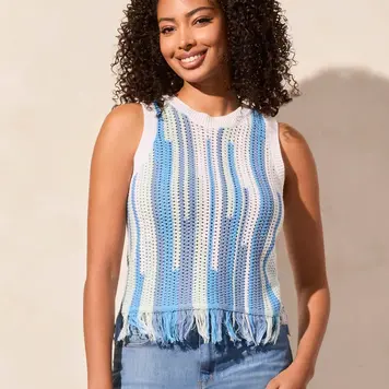 Tribal Tribal 5714O Crew Neck Sleeveless Fringed Hem Sweater