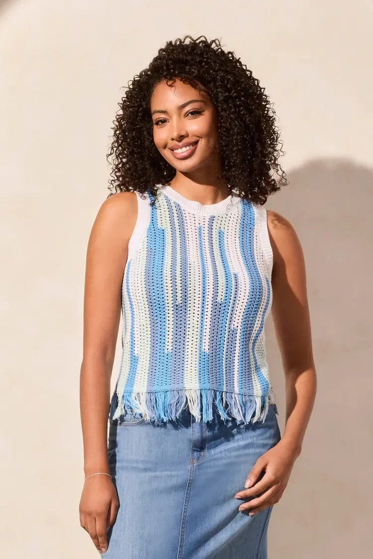 Tribal Tribal 5714O Crew Neck Sleeveless Fringed Hem Sweater