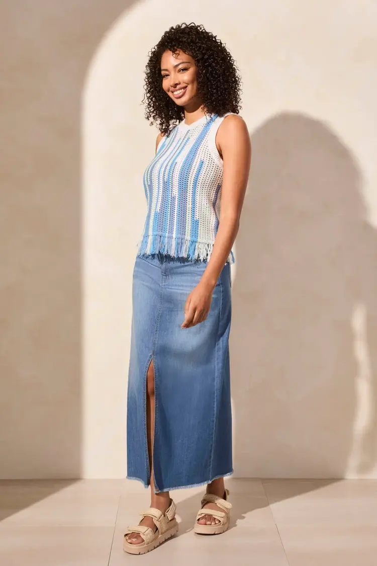 Tribal Tribal 5714O Crew Neck Sleeveless Fringed Hem Sweater