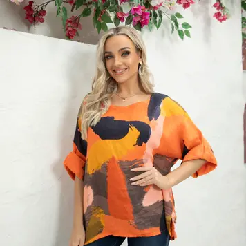 Orange Fashion Village 1300 Sammy Linen Top w/ Abstract Design
