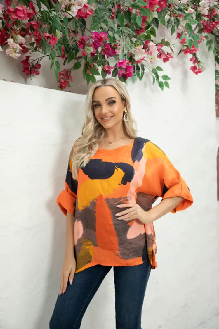 Orange Fashion Village 1300 Sammy Linen Top w/ Abstract Design