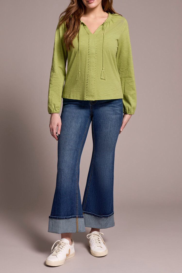 Tribal Tribal L/S Split Neck Top W/Tassel 2232O