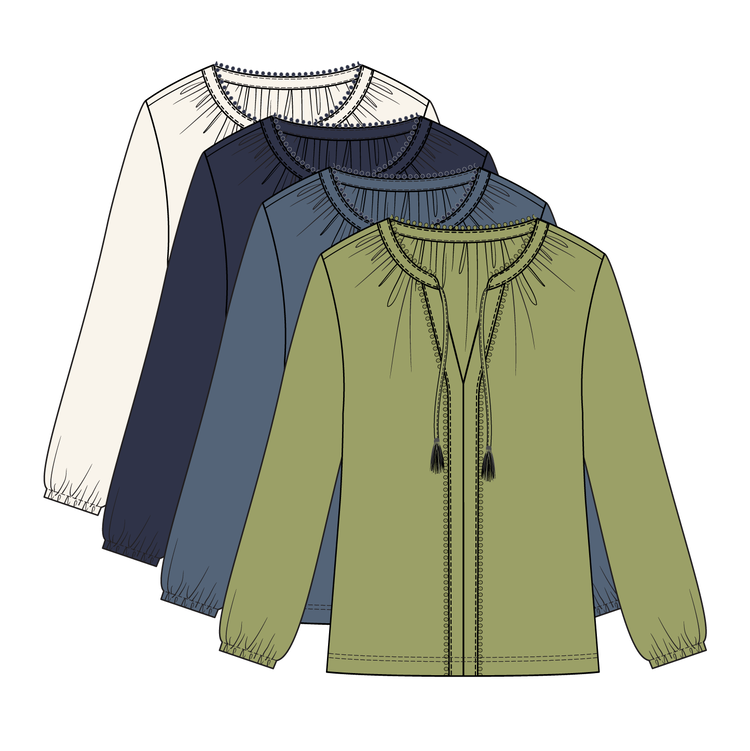 Tribal Tribal L/S Split Neck Top W/Tassel 2232O