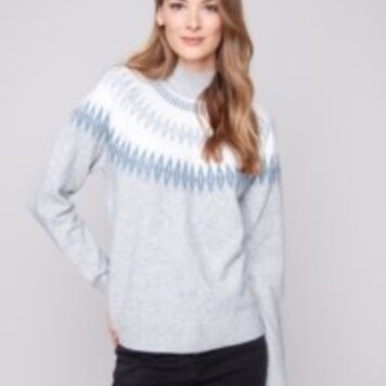 Charlie B Charlie B Jacquard Mock Neck Raglan Sweater C2859