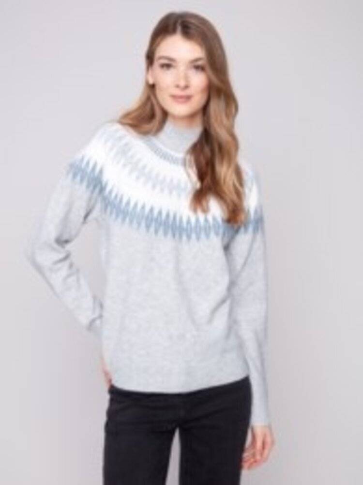 Charlie B Charlie B Jacquard Mock Neck Raglan Sweater C2859