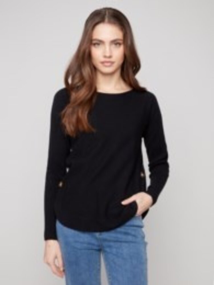Charlie B Charlie B Long Sleeve Boat Neck Sweater W/ Side Button Detail C2871