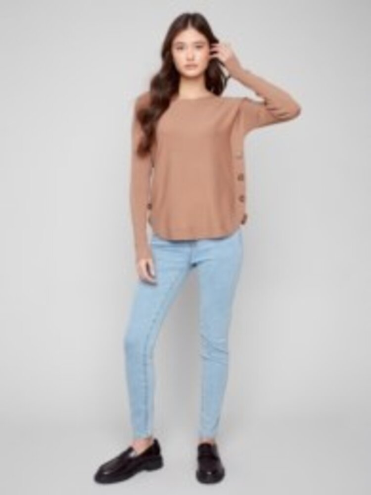 Charlie B Charlie B Long Sleeve Boat Neck Sweater W/ Side Button Detail C2871