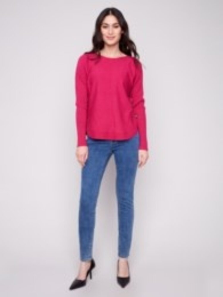 Charlie B Charlie B Long Sleeve Boat Neck Sweater W/ Side Button Detail C2871