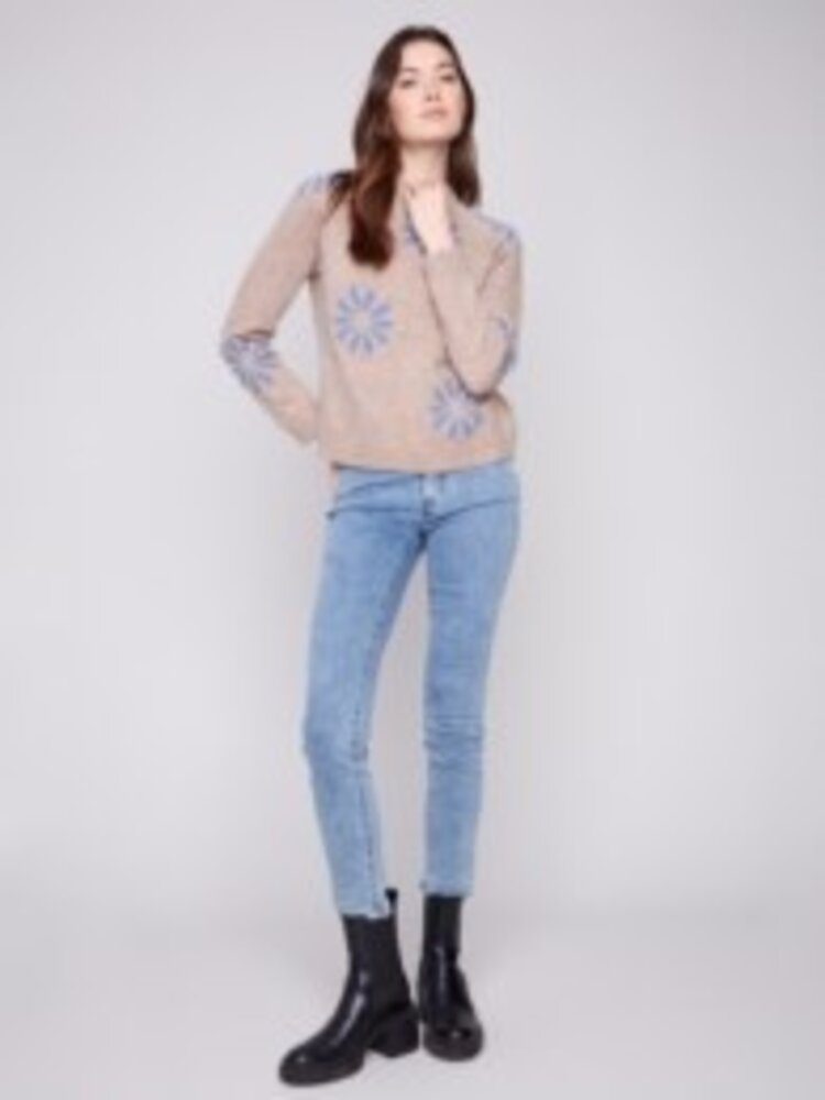 Charlie B Charlie B Neps Yarn Raglan Mock Neck Sweater C2834