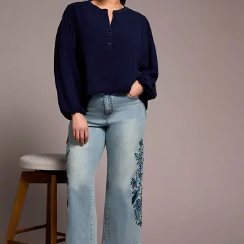 Tribal Tribal Long Sleeve Blouse With Folded Hem 5971O