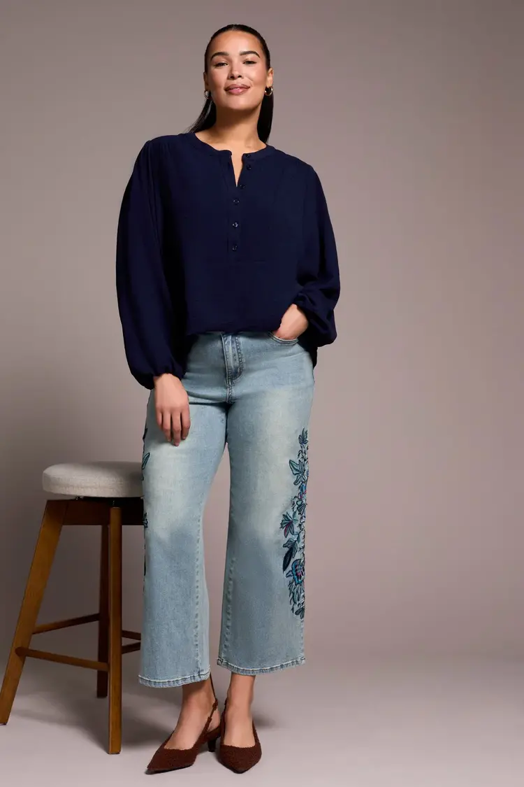 Tribal Tribal Long Sleeve Blouse With Folded Hem 5971O