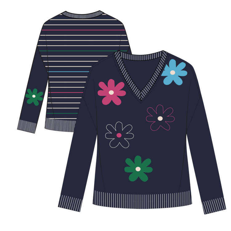 Tribal Tribal V Neck Embroidered Jacquard Sweater 5993O