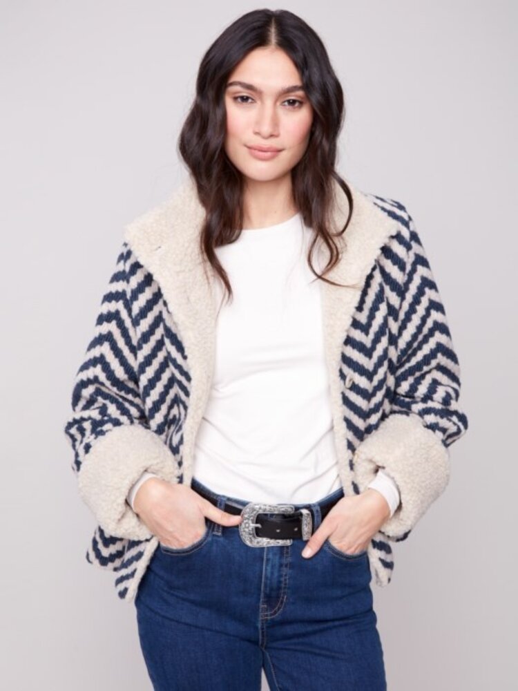 Charlie B Charlie B Chevron Boucle Short Jacket With Sherpa Trim C6379