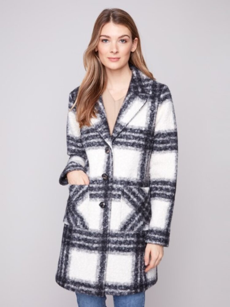 Charlie B Charlie B Plaid Bouche Knit Tailored Collar Coat C6141Z