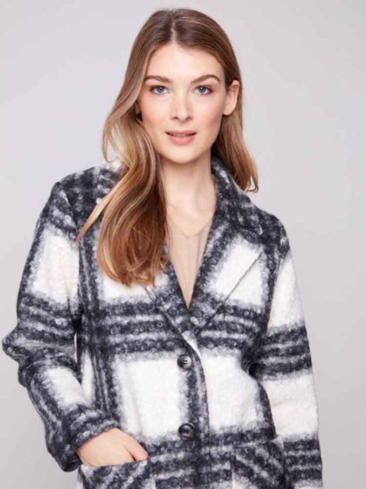 Charlie B Charlie B Plaid Bouche Knit Tailored Collar Coat C6141Z