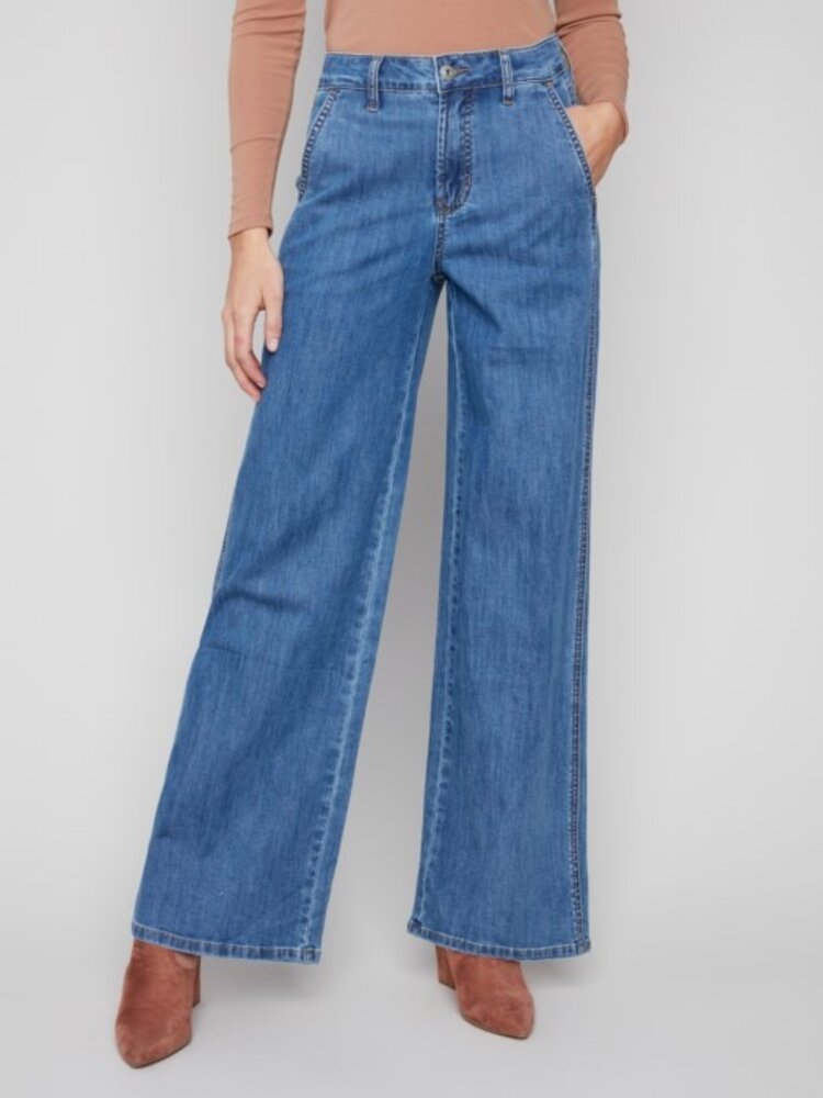 Charlie B Charlie B Wide Leg Stretch Denim Pants With Slash Pockets C5659