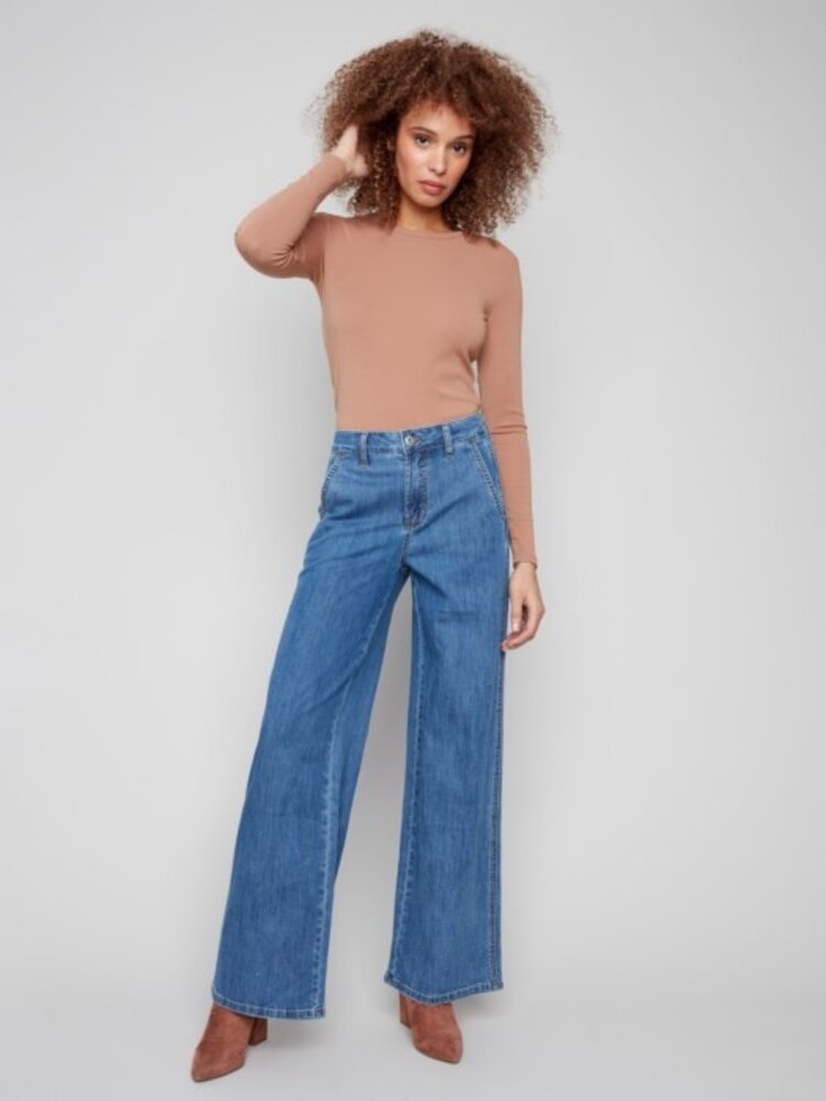 Charlie B Charlie B Wide Leg Stretch Denim Pants With Slash Pockets C5659