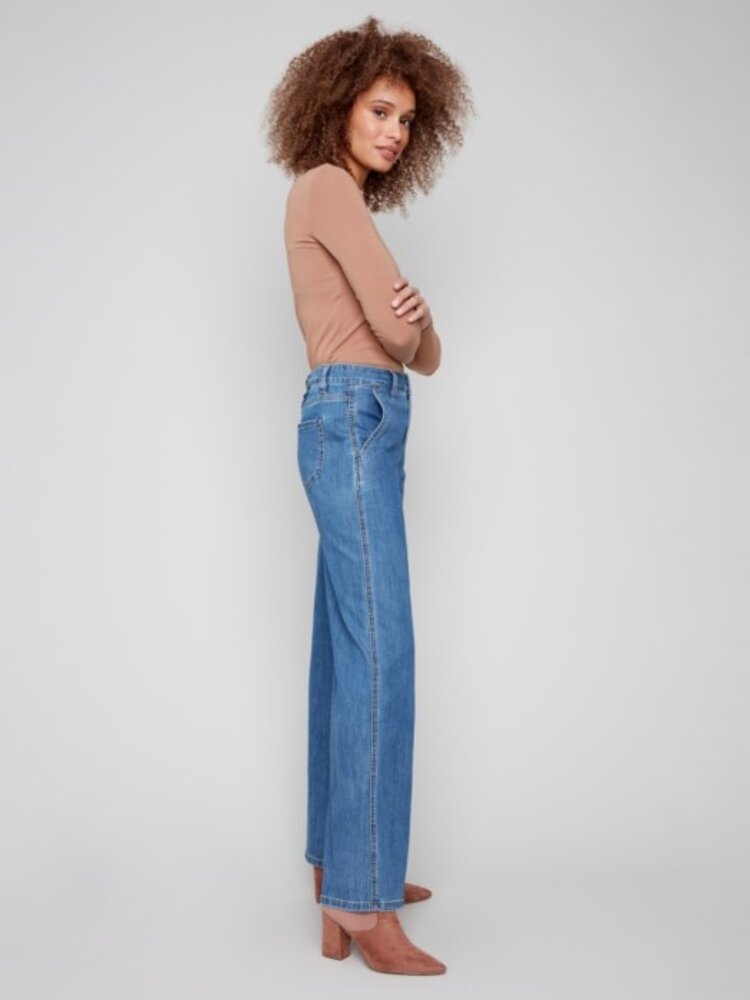 Charlie B Charlie B Wide Leg Stretch Denim Pants With Slash Pockets C5659