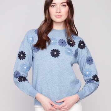 Charlie B Charlie B Floral Embroidery Crew Neck Sweater C2891