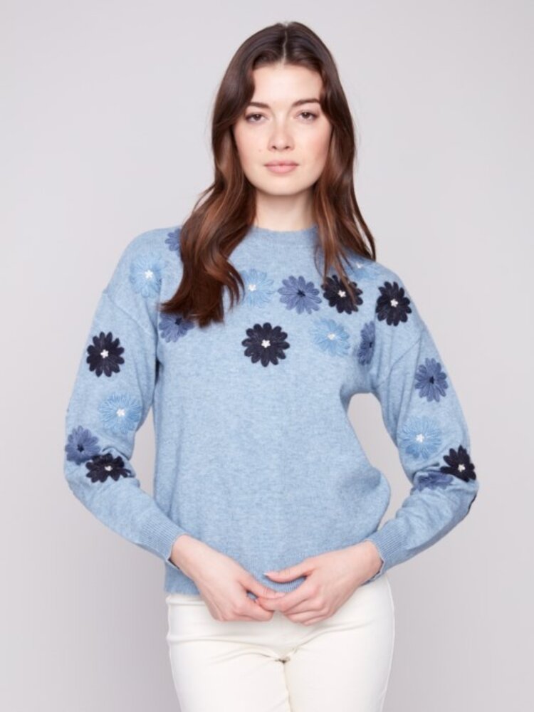 Charlie B Charlie B Floral Embroidery Crew Neck Sweater C2891