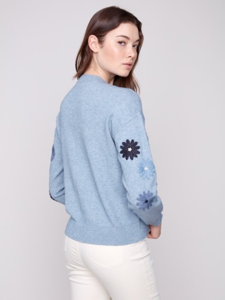 Charlie B Charlie B Floral Embroidery Crew Neck Sweater C2891