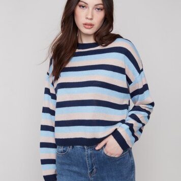 Charlie B Charlie B Long Sleeve Crew Neck Striped Sweater C2917