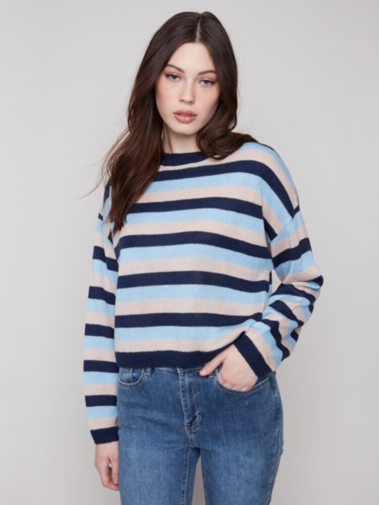 Charlie B Charlie B Long Sleeve Crew Neck Striped Sweater C2917
