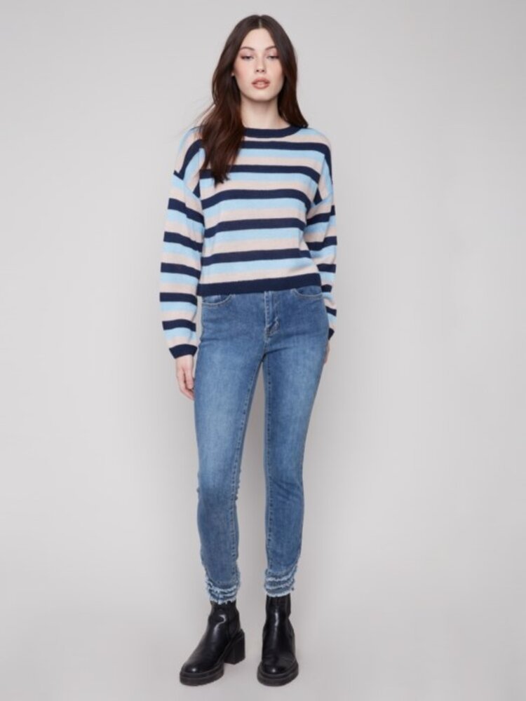 Charlie B Charlie B Long Sleeve Crew Neck Striped Sweater C2917